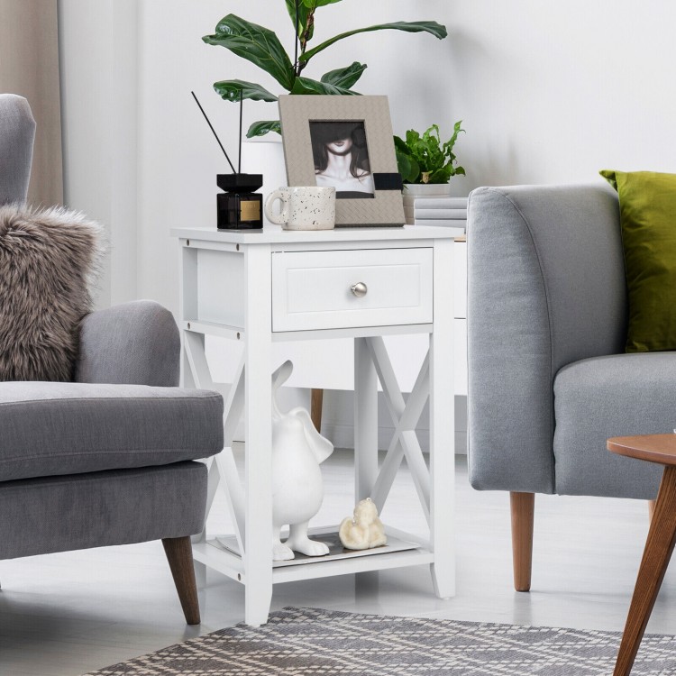 White storage end bedside nightstand featuring a slide-out drawer and bottom shelf, perfect for any room decor.